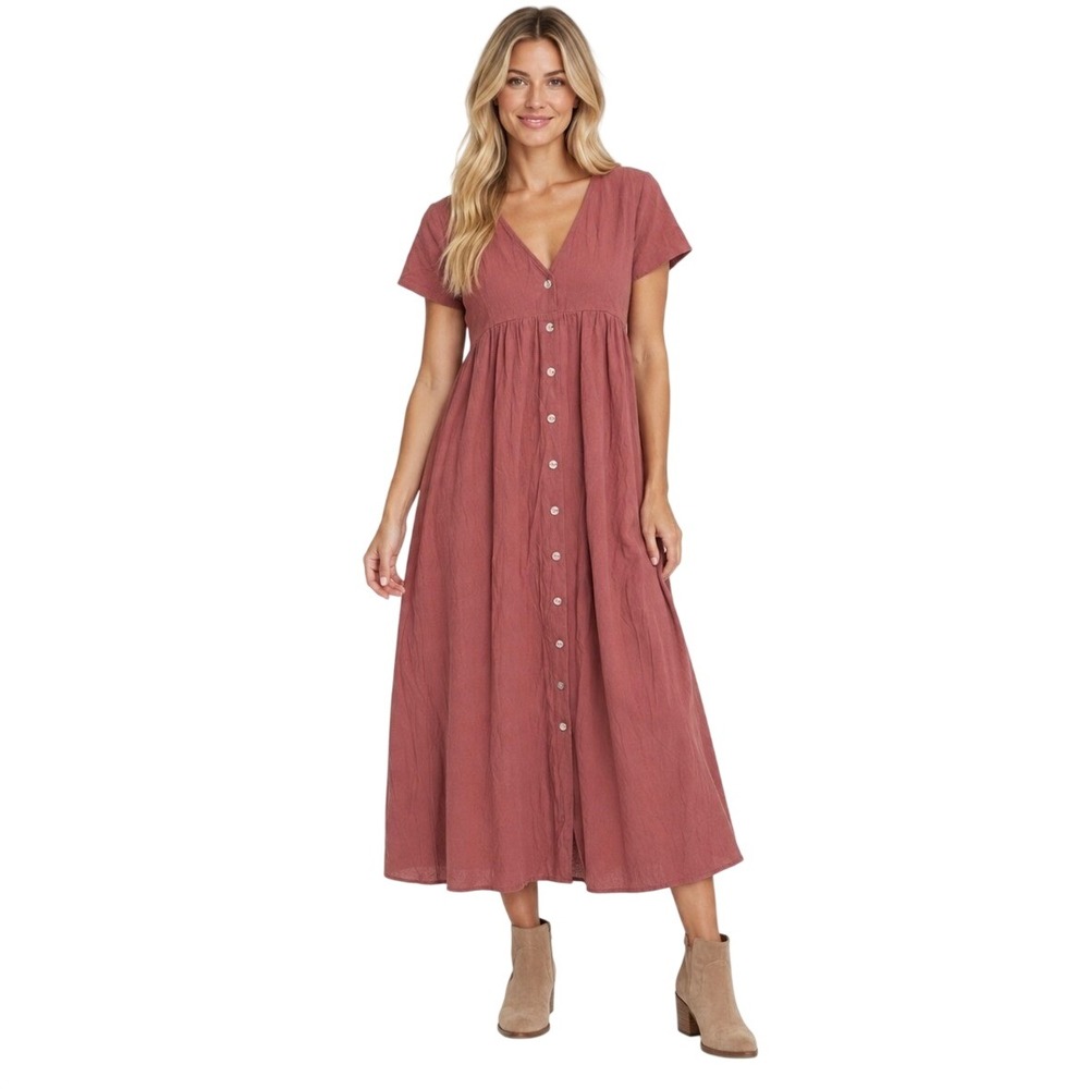 NWT Natural Life Button Front Midi Dress M Rose Pink Boho V-Neck Short Sleeve